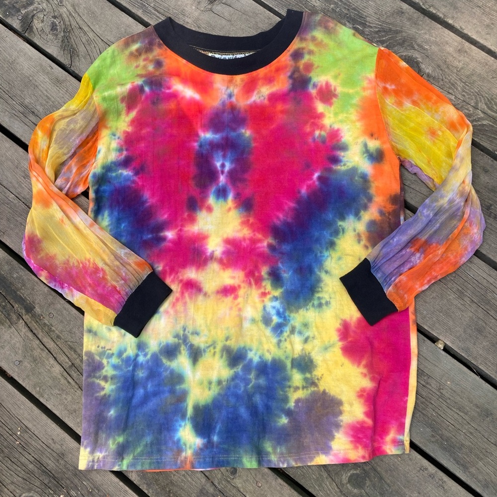 VINTAGE Top Tie Dye Tee Boho Colorful Cotton Chiffon Long Sleeves Size Small
